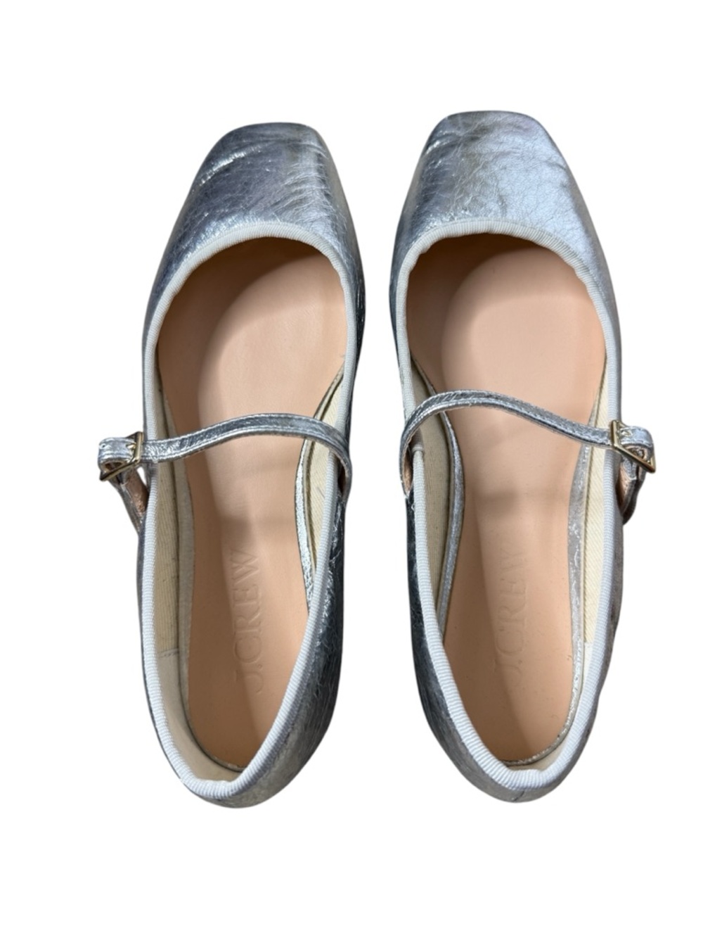 J. Crew Quinn Square-Toe Mary Jane Flats In Crinkled Metalic Leather Silver 7.5 - Picture 3 of 9
